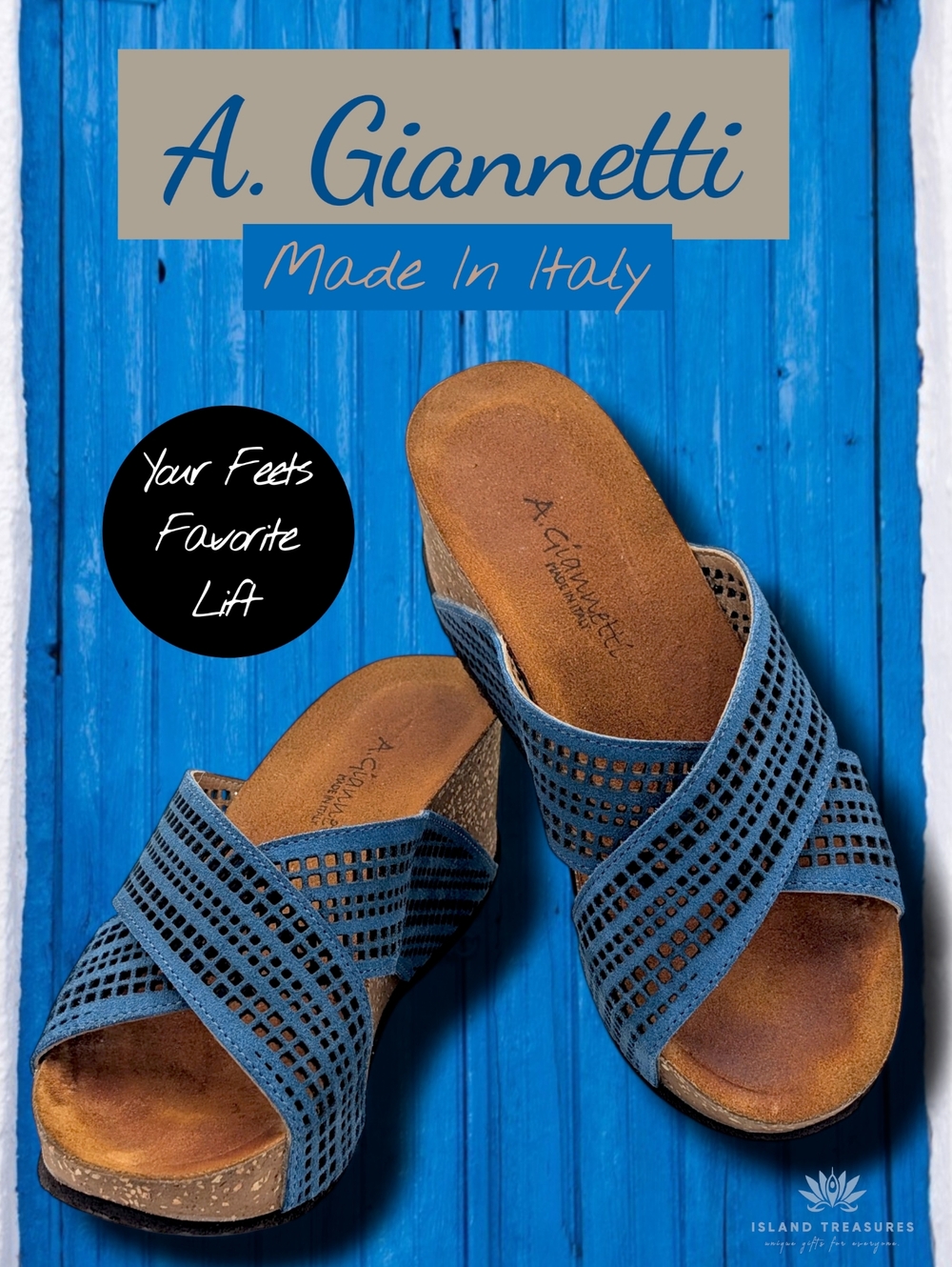 A.Giannetti Sz 7.5 Perforated Stunning Blue Wedge Sandal Contoured Cork Footbed